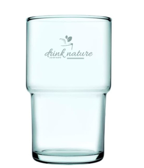 A drink bottle made of clear recycled glass, featuring a slight taper and a logo.
