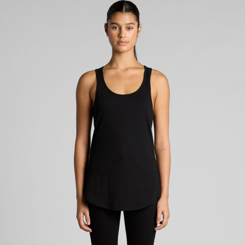 A black racerback singlet with a relaxed fit, featuring a simple design and a rounded hem. A black racerback singlet with a relaxed fit, featuring a simple design and a rounded hem.