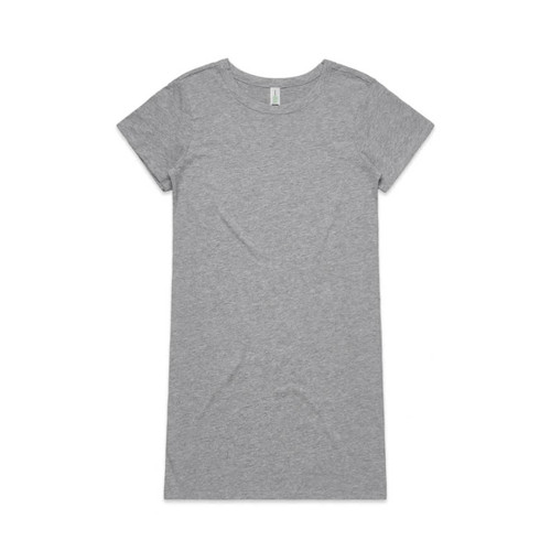 A grey short-sleeved dress with a simple, minimalist design and a branding logo on the label.
