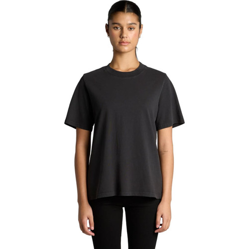 A black heavy faded T-shirt with a relaxed fit, featuring short sleeves and a round neckline.