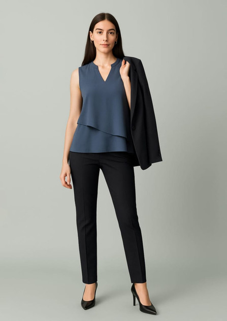 A woman in a blue top and black mid-waist slim leg pants holds a black blazer, set against a neutral background. A woman in a blue top and black mid-waist slim leg pants holds a black blazer, set against a neutral background.
