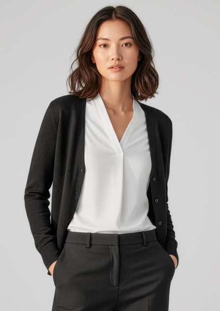 A woman models a black knit cardigan over a white blouse, paired with tailored black trousers. The cardigan has buttons and a subtle texture.