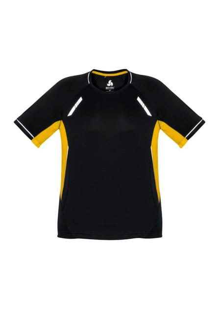 A black and yellow short sleeve tee with reflective accents and a logo on the front.