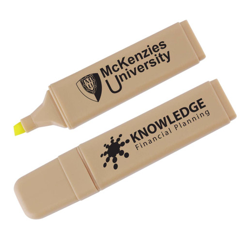 A beige recycled highlighter with a yellow tip, featuring a logo and text on the body. A beige recycled highlighter with a yellow tip, featuring a logo and text on the body.