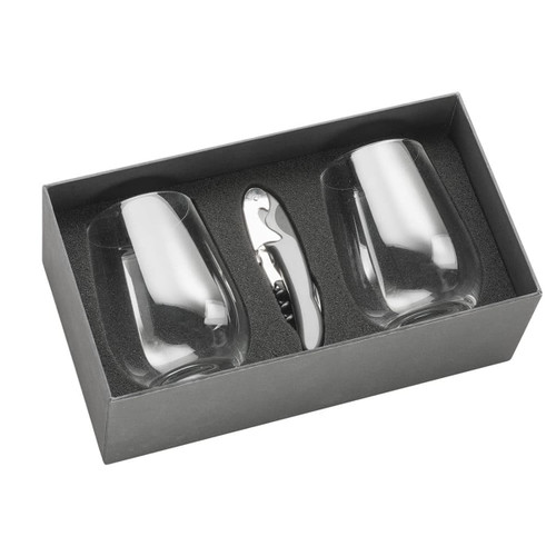 A wine glass set featuring two clear glasses and a silver corkscrew, presented in a sleek black box. A wine glass set featuring two clear glasses and a silver corkscrew, presented in a sleek black box.