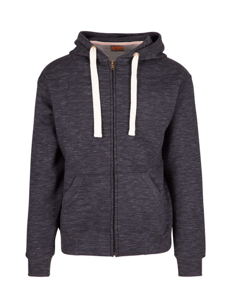 A men's brushed heavy zip fleece hoodie in dark grey with a hood and cream drawstrings. Features front pockets and a logo.
