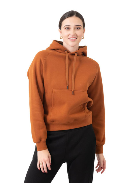 A women's junior kangaroo pocket hoodie in a rich brown colour, featuring a hood and relaxed fit.
