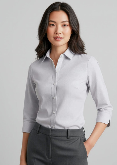 A light grey women's button-up shirt with 3/4 sleeves, featuring a collar and a front button closure.