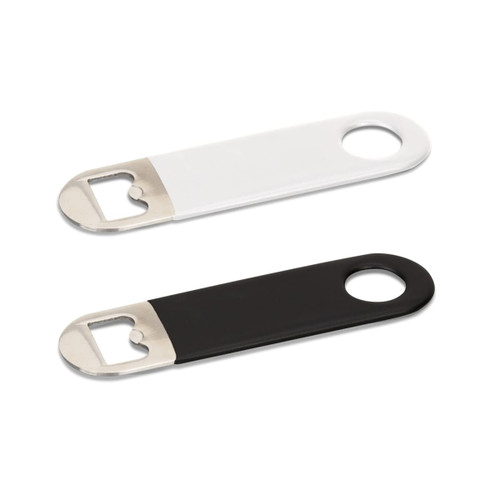 A drink bottle opener in white and black, featuring a metal opening mechanism and a circular hole for easy grip. A drink bottle opener in white and black, featuring a metal opening mechanism and a circular hole for easy grip.