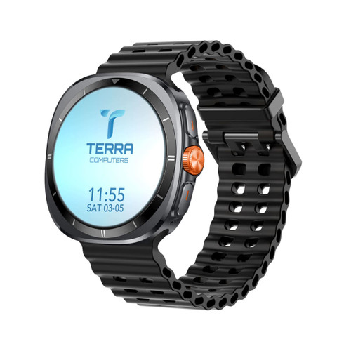 A smart watch with a round face, black case, and a textured black strap, featuring a digital display.