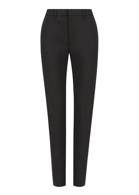 A pair of black trousers with a slim fit and elastic back. The item includes a logo.