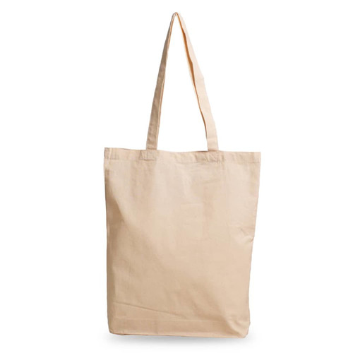 A beige tote bag with a bottom gusset and long handles, featuring a simple design and a logo. A beige tote bag with a bottom gusset and long handles, featuring a simple design and a logo.