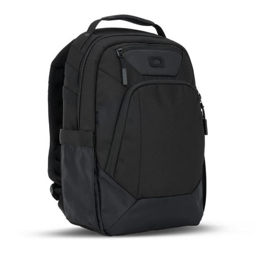 A black OGIO Axle DNA Backpack with padded straps and multiple compartments. It features a logo on the front. A black OGIO Axle DNA Backpack with padded straps and multiple compartments. It features a logo on the front.
