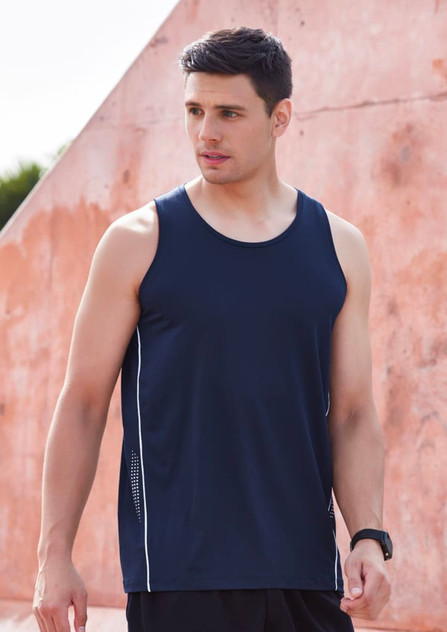 A navy blue men's singlet featuring a logo and side detailing, designed for athletic wear. A navy blue men's singlet featuring a logo and side detailing, designed for athletic wear.
