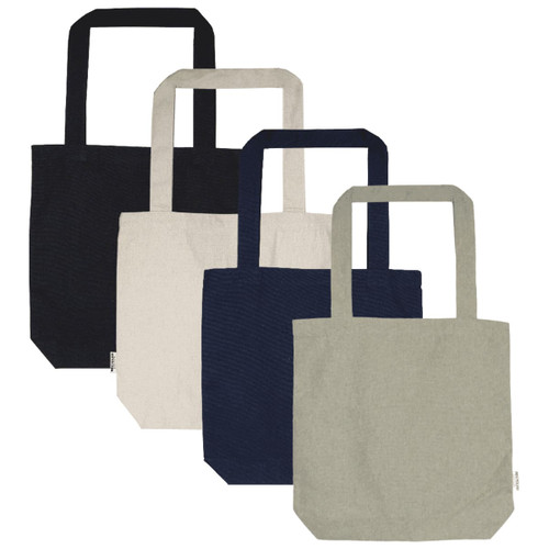 Four tote bags in navy, black, beige, and grey with sturdy handles and a simple design, featuring a logo. Four tote bags in navy, black, beige, and grey with sturdy handles and a simple design, featuring a logo.