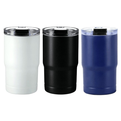 A drink bottle set featuring three tumblers in white, black, and navy blue, each with a clear lid and a logo.