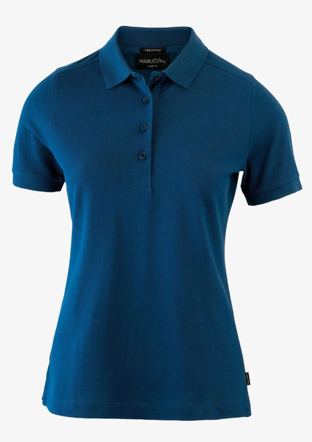 A blue women’s polo shirt featuring a collar, short sleeves, and a button-up front with a logo.
