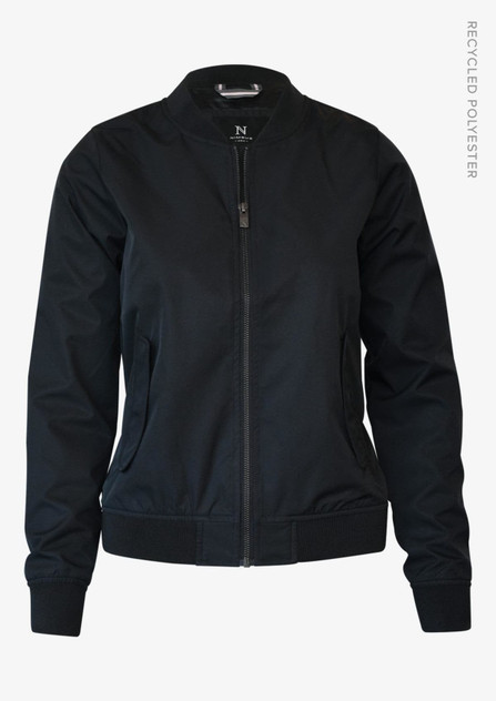 A black women's jacket featuring a zip front and ribbed cuffs, made from recycled polyester. It has a logo on the tag.