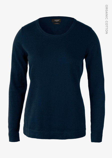 A navy knitted jumper with long sleeves and a round neckline, featuring a branding label.