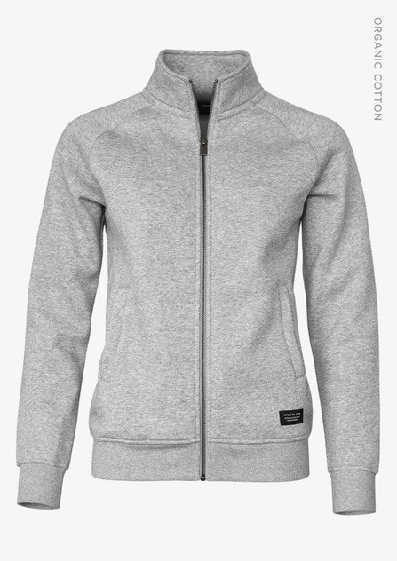 A grey zip-up jacket made from organic cotton, featuring two front pockets and a subtle logo.