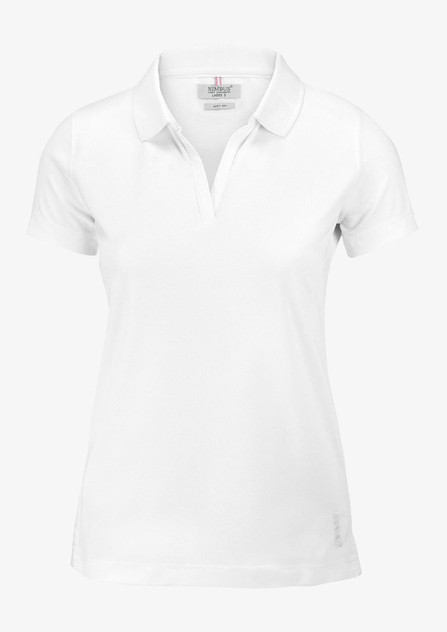 A white women's polo shirt featuring a collar and short sleeves, with a logo on the side.