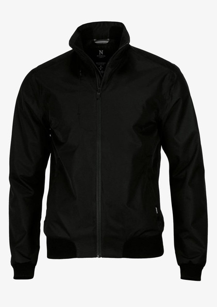A black Davenport Men's jacket with a zip front and high collar, featuring ribbed cuffs and hem.