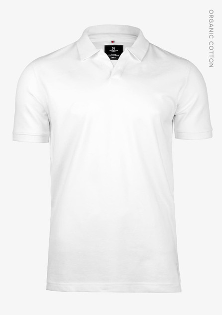 A white polo shirt with a classic V-neck design, made from organic cotton and featuring a logo.