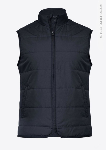 A navy blue padded vest with a high collar, featuring a front zipper and a logo. Made from recycled polyester.
