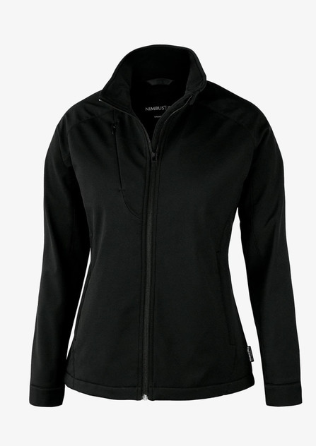 A black soft shell jacket with a zip-up front and high collar, featuring a pocket on the chest and a logo.