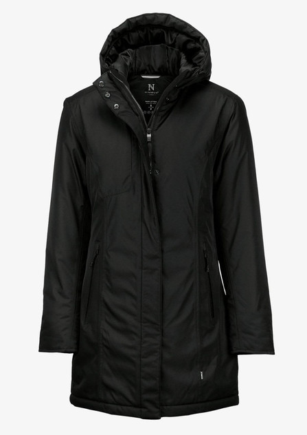 A black puffer jacket featuring a hood, zippered front, and side pockets, with a logo visible on the inside.