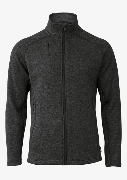 A polar fleece jacket in dark grey with a zip front and high collar. It features side pockets and a logo.