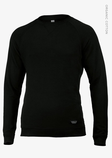 A black men's sweatshirt featuring long sleeves and a simple design, with a logo on the lower hem.