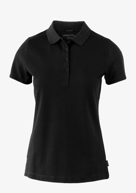 A black women's polo shirt featuring a collared neckline and button placket, with a branding label. A black women's polo shirt featuring a collared neckline and button placket, with a branding label.