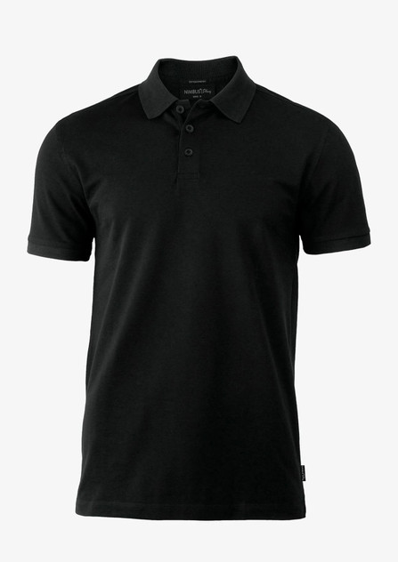 A black polo shirt featuring a collar and three-button placket, with a small logo on the side.