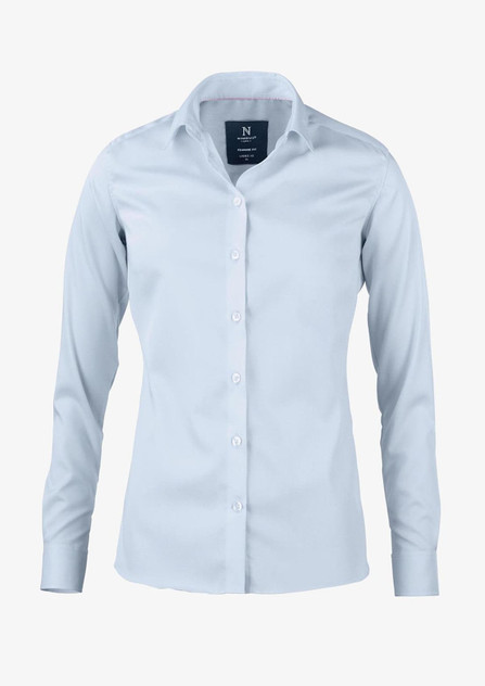 A light blue button-up shirt with a collar and long sleeves, featuring a logo on the label.