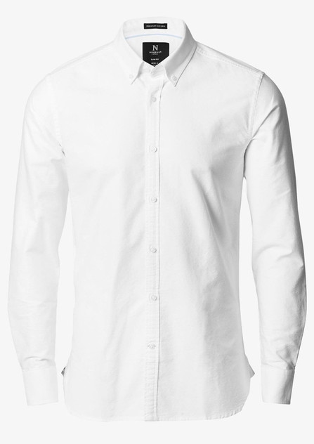 A white, long-sleeved button-up shirt with a collar and single branding on the label.