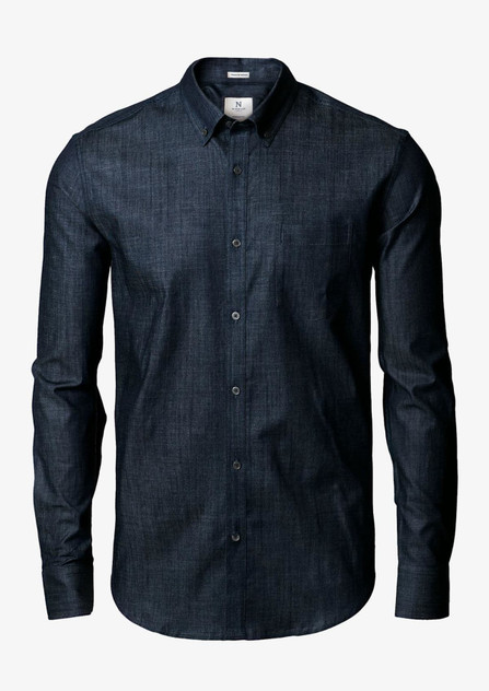 A dark blue button-up shirt with a collar and full sleeves, featuring a chest pocket and a logo on the label.
