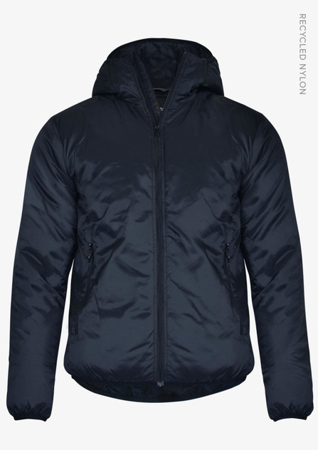 A navy blue men's jacket featuring a hood, zip closure, and two side pockets. It has a logo on the design.