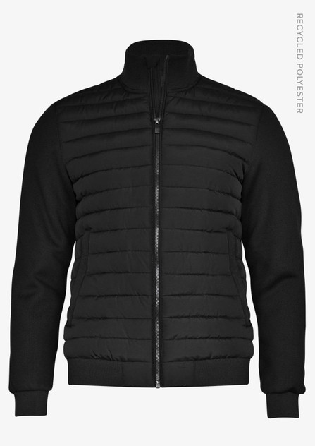 A black jacket featuring a quilted design, zip closure, and stand collar, made from recycled polyester.
