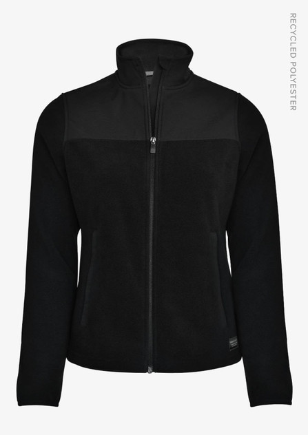 A black women's jacket with a zip front and a contrasting upper panel, featuring a logo. Made from recycled polyester.