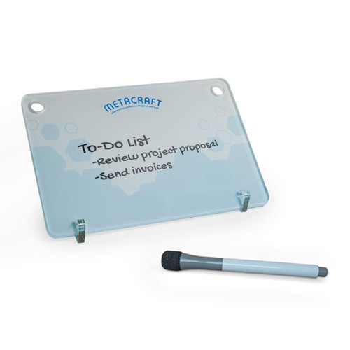 A clear acrylic to-do list board with a blue header and a list of tasks written on it, accompanied by a gray marker. A clear acrylic to-do list board with a blue header and a list of tasks written on it, accompanied by a gray marker.