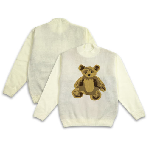 A cream knitted jumper featuring a teddy bear design on the back and a plain front. It includes a logo detail. A cream knitted jumper featuring a teddy bear design on the back and a plain front. It includes a logo detail.