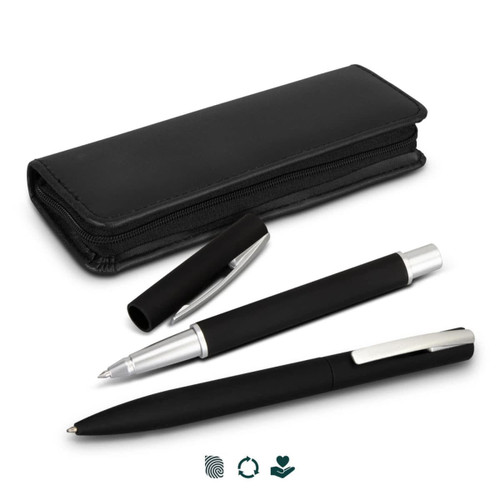 A black pen set with a sleek design, including a pencil, ballpoint pen, and a zippered case.