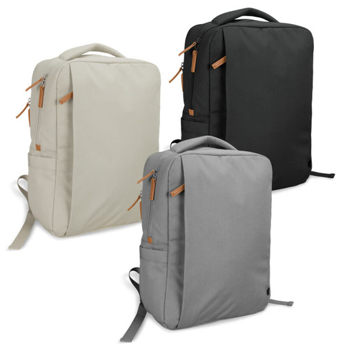 A range of three backpacks in cream, grey, and black, featuring zippers and a logo.