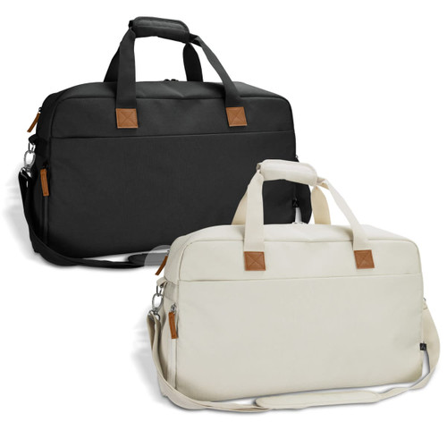A black and a white duffle bag with handles and adjustable shoulder straps. Each features a logo. A black and a white duffle bag with handles and adjustable shoulder straps. Each features a logo.