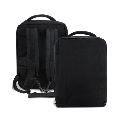 A black travel backpack featuring adjustable straps, a top handle, and a sleek design. It includes a logo on the front. A black travel backpack featuring adjustable straps, a top handle, and a sleek design. It includes a logo on the front.