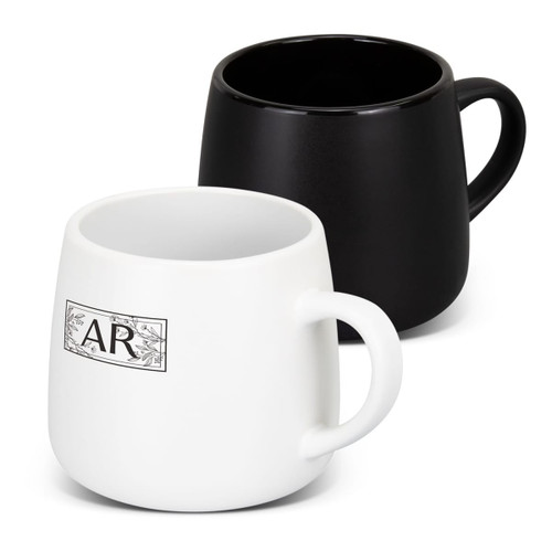 A coffee mug set featuring a white mug with a logo and a solid black mug, both with a rounded shape.
