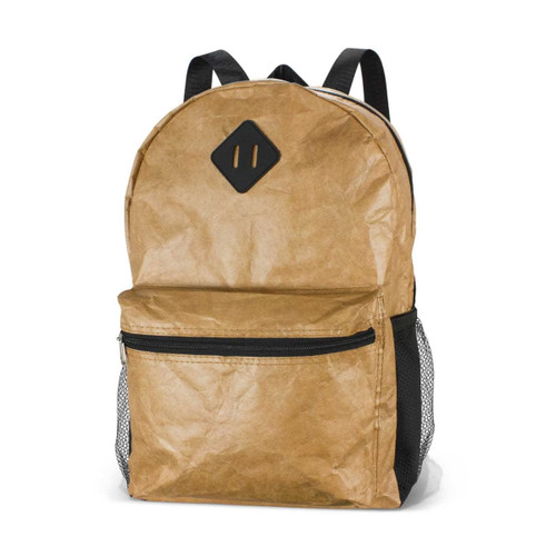 A brown backpack with a textured finish, featuring a front zip pocket and black mesh side pockets. It has a logo.
