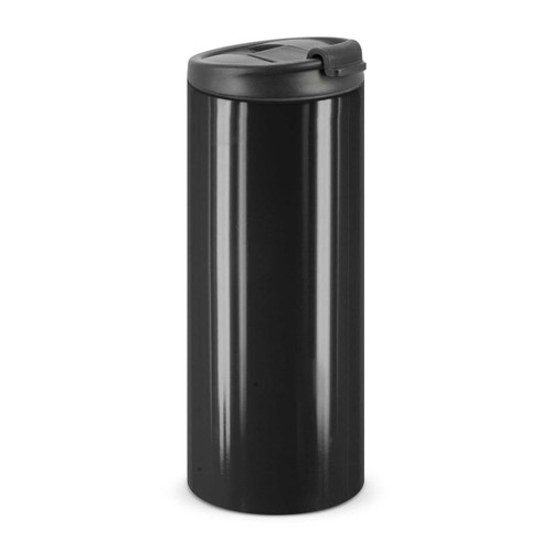 A drink bottle in glossy black, featuring a secure lid and a sleek cylindrical design. It has a logo on the surface.