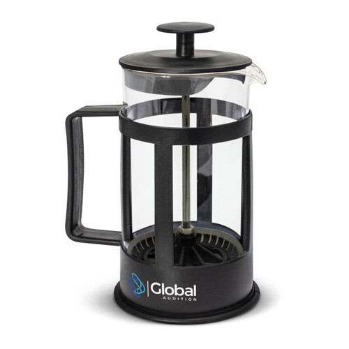 A small glass coffee plunger with a black plastic handle and base, featuring a logo. A small glass coffee plunger with a black plastic handle and base, featuring a logo.